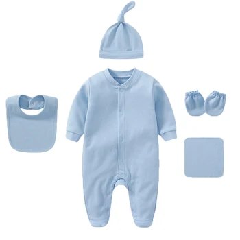 Set di abbigliamento unisex per bambini con tuta, cappello, bavaglino, guanti, asciugamano, collezione in cotone tinta unita da 5 pezzi per neonati fino a 6 mesi