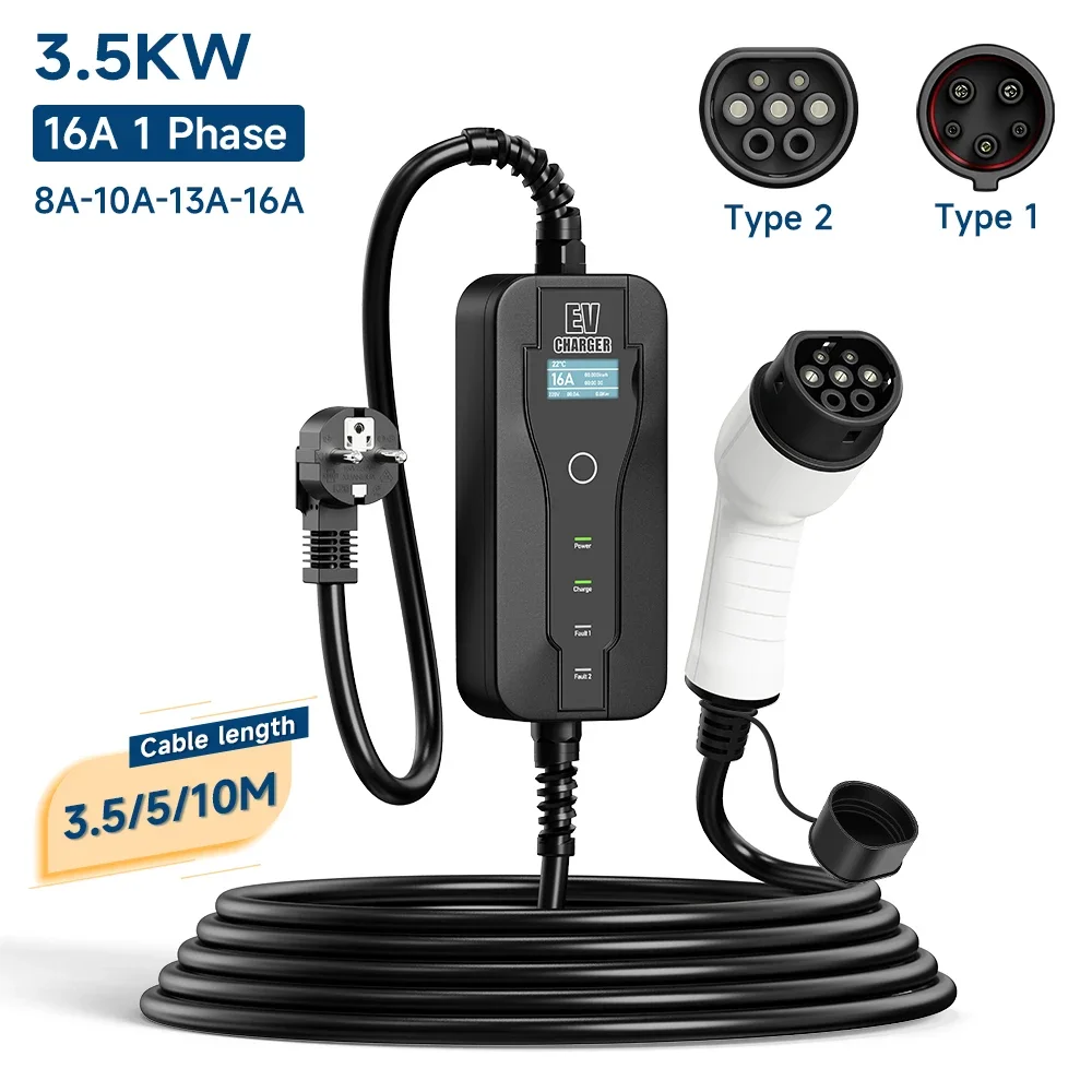 16A 3.5KW Portable EV Charger Type2 IEC62196-2 EVSE Fast Charging Box Type1 SAEJ1772 EU Plug Controller Wallbox For Electric Car ev car charger