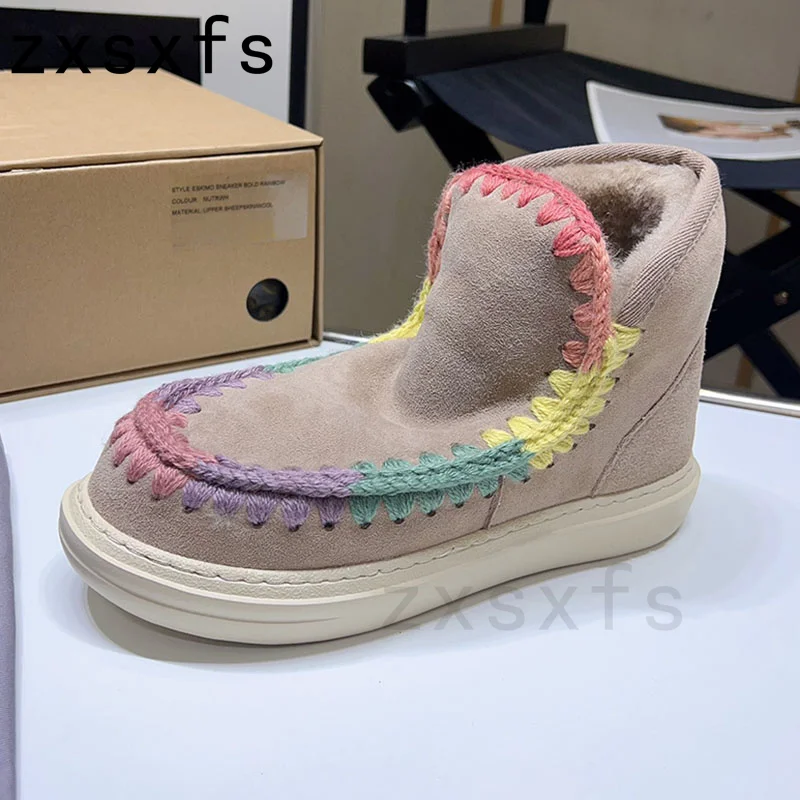 

Hot Natural Wool Snow Ankle Boots For Women Color Line Winter Warm Flat Platform Fur Shoes Designer Brand Flat Knight Boots