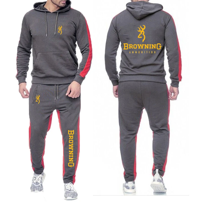 

2023 Spring Autumn Men's Fashion BROWNING Logo Print Sports Hooded Pocket Hoodies+Leisure Sweatpants Solid Color Comfortable Set
