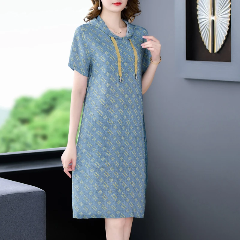 

2023 New Fashion Silk Printed Dress Women's Summer Floral Short Sleeve Loose Fit Casual Holiday Party Dress Vestidos