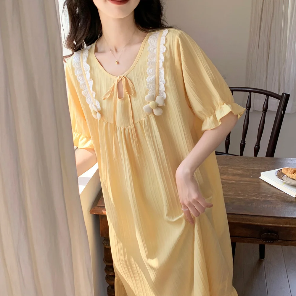 Summer Womens Nightgown Lace Short Sleeve Sweet Princess Nightdress Pajamas Sleepshirt Fairy French Home Dress Nighty Nightwear