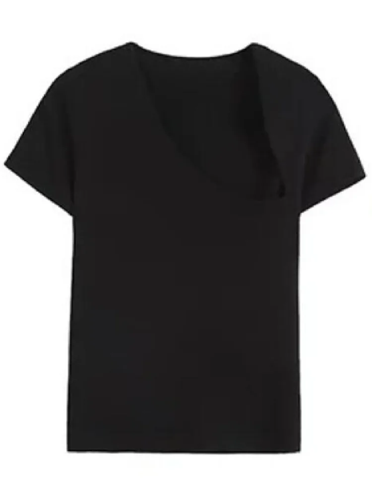 Women Black Cropped Knitted Short Sleeve Tee top with Asymmetrical V Collar