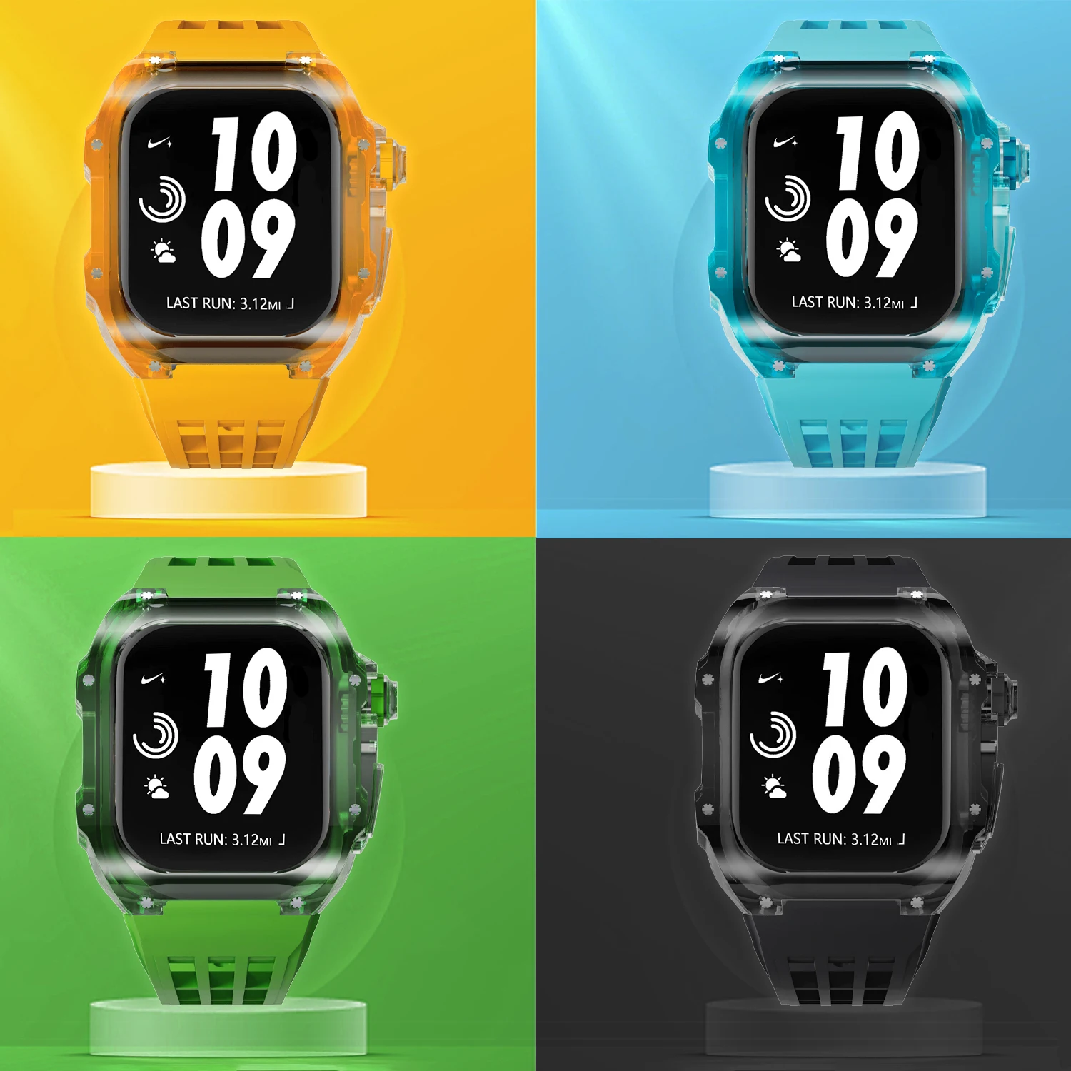 애플 워치 밴드용 투명 케이스 개조 키트, 고무 팔찌 스트랩, iWatch 8, 7, 6, 5, 4 SE 키트 벨트, 45mm, 44mm