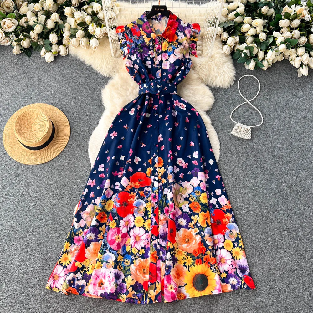 Summer Holiday Runway Maxi Dress Women's Sleeveless Ruffles Single Breasted High Waist Belt Floral Summer Holiday Runway Maxi Dress Women's Sleeveless Ruffles Single Breasted  High Waist Belt Floral Print Long Party Vestidos - AliExpress