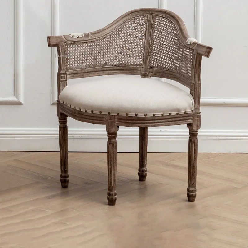 

Antique Dormitory Rattan Back Dining Chair Solid Wood Bedroom Nail Chairs Library Leisure Armchair Home Furniture LQQ19YH