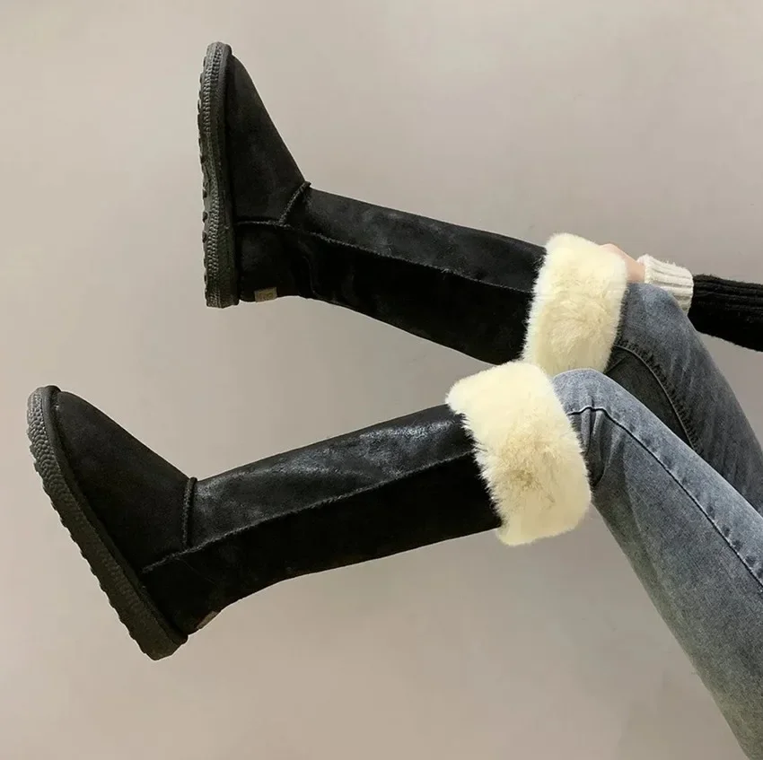 

2024 New Flats Boots Round Toe Heels Knee High Boots Women Thick Fur Warm Winter Booties Ladies