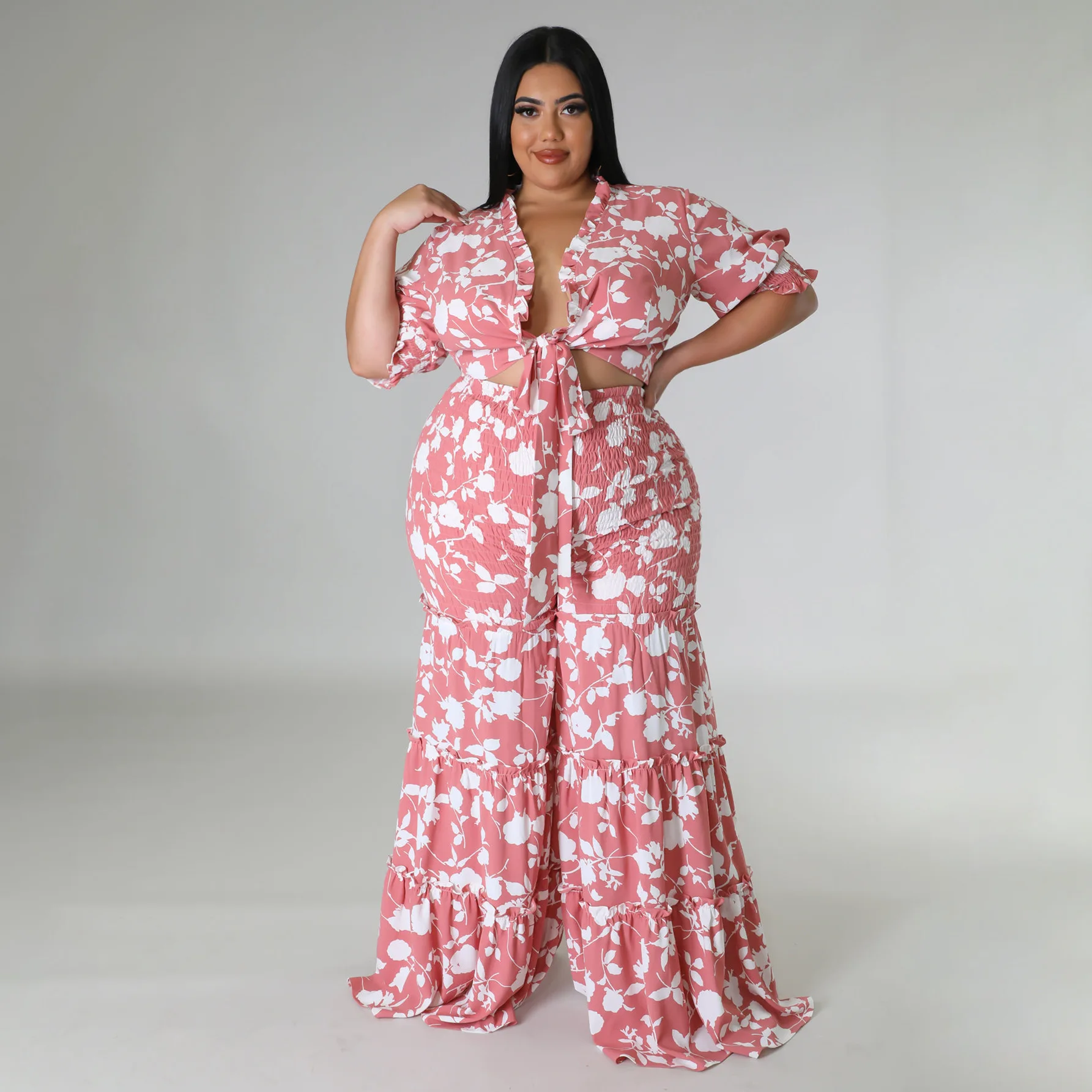 Plus Size Elegant Sets Flower Print Tops And Wide Leg Pants Female Fashion Women Casual Cloth 2023 Summer Two Piece Matching Set