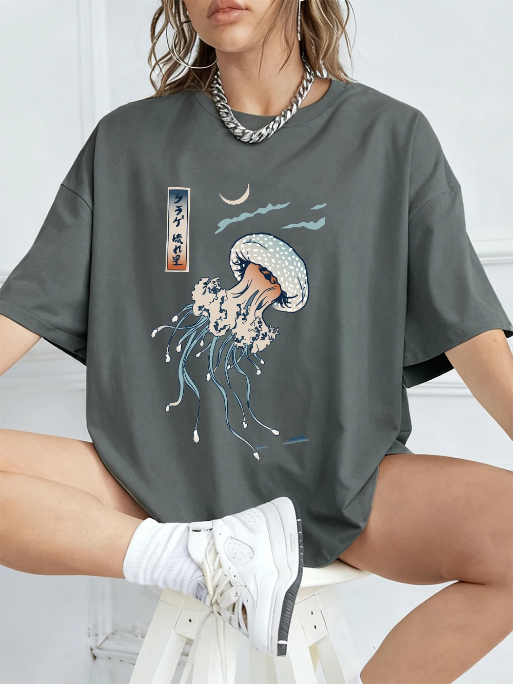Harajuku Jellyfish Print Women's Cotton Tee - Soft, Loose-Fit Summer Top