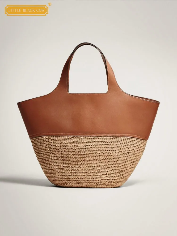 

Designer Womens Handbag Splicing Split Leather Harajuku Woven Straw Bag Summer Single Shoulder Bags Fashion Female Casual Tote