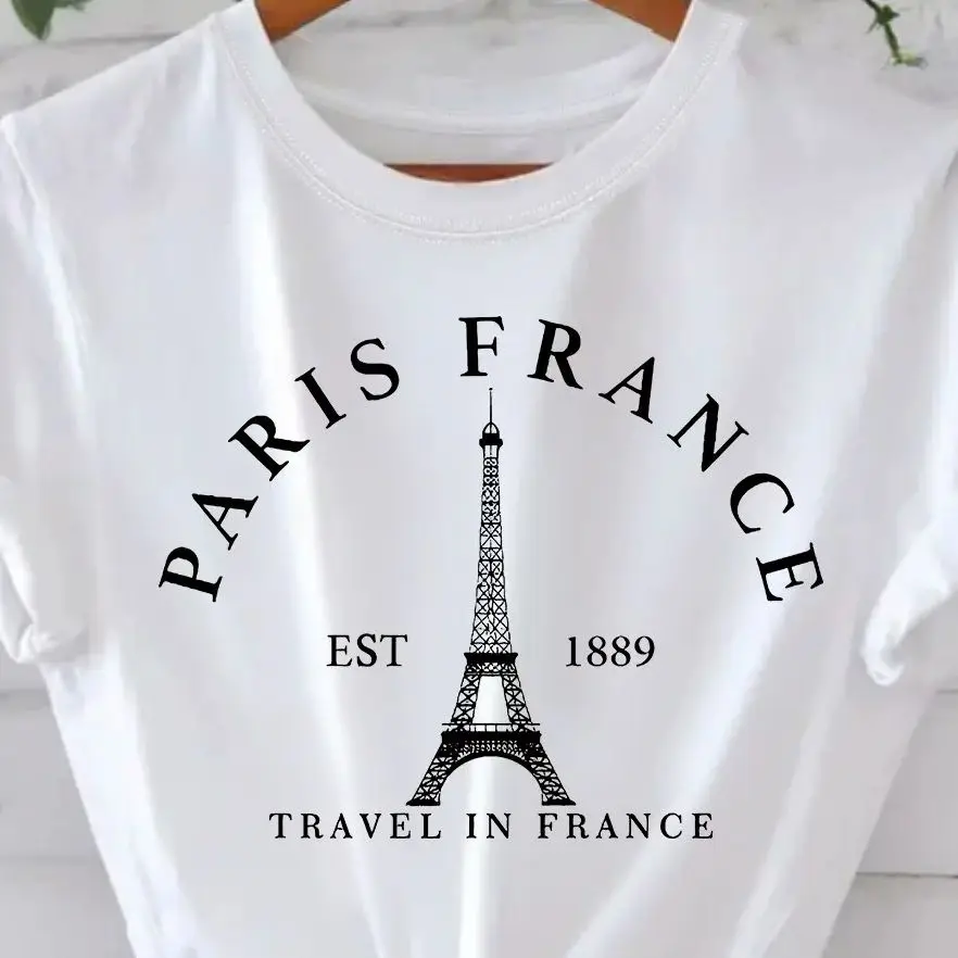 خمر أنيقة س الرقبة قصيرة الأكمام تي شيرت برج باريس...