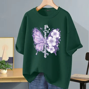 Korean Style Fashion Pure Cotton Casual Top Tees Summer Loose Basics T-shirt Women Bufferfly Printed Short Sleeve Pullovers 2