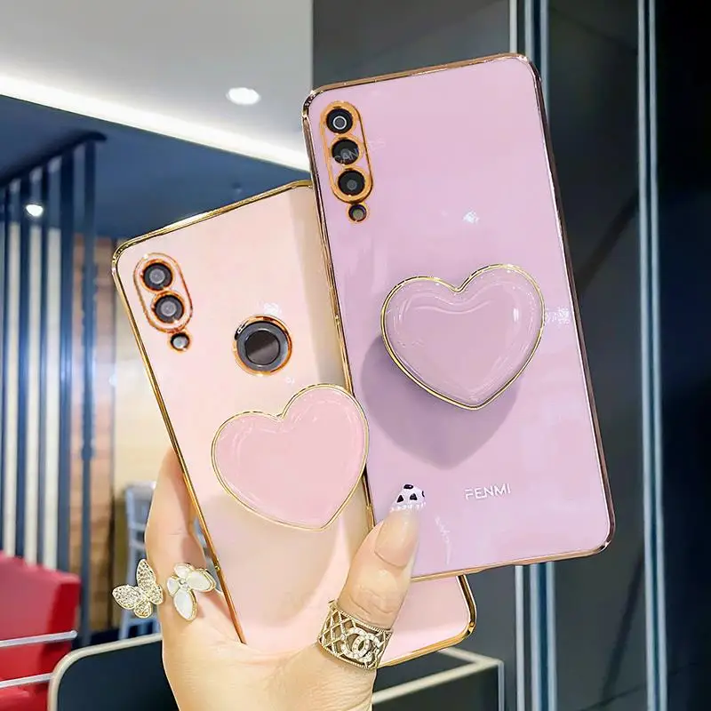 Luxury Plating Love Heart Silicone Phone Case with Foldable Holder