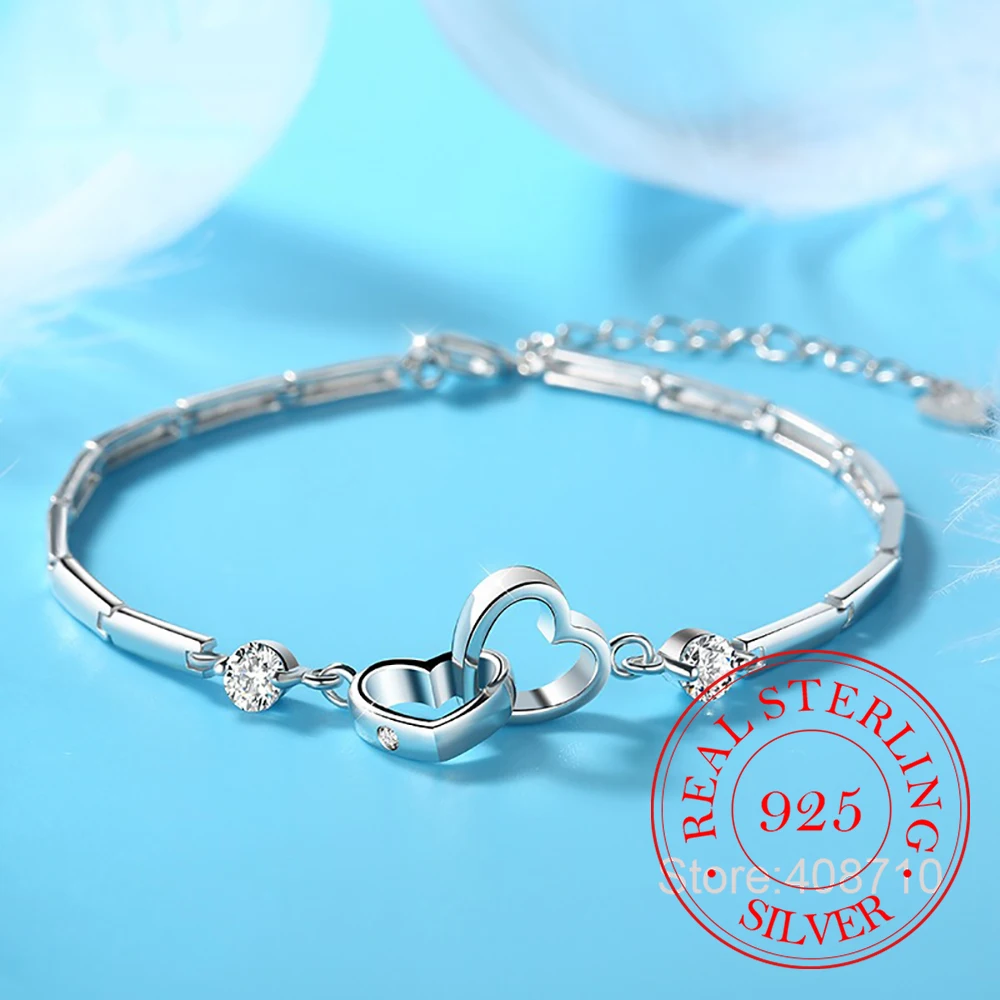 

925 Sterling Silver Bracelets Bangles Charms Heart for Women Valentine's Days Cubic Zircon Wedding Love Couple Jewelry