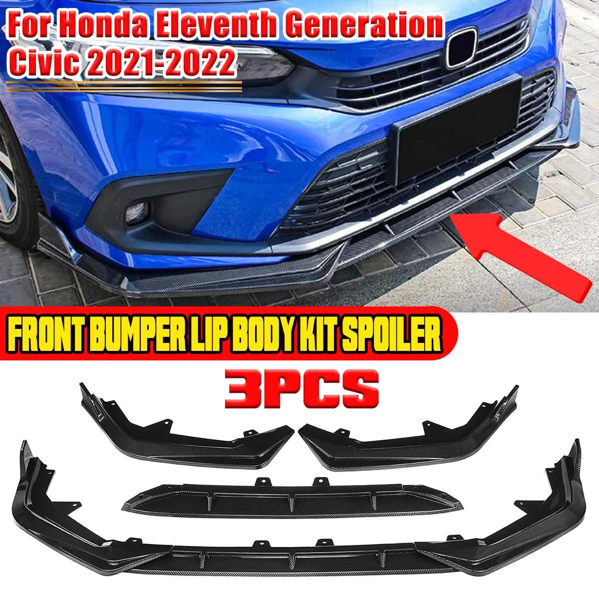 

3xCar Front Bumper Lip Body Kit Spoiler Deflector Lips Splitter Lip Guard For Honda For Civic 11th Eleventh Generation 2021-2022