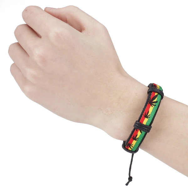 Jamaica Reggae Style Leather Bracelet Adjustable Wristband with Leaf Pattern for Men Women Hip Hop Rasta Wristband