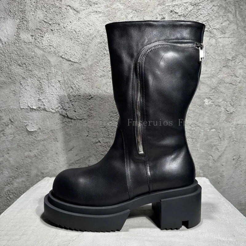 Women Men Fashion Neutral Mid Calf Boots Round Toe Square Heels Genuine Leather Boots Zipper Design Black High Quality Boots 9 S63128779f34242c6ac99bfc5fcf93d62O