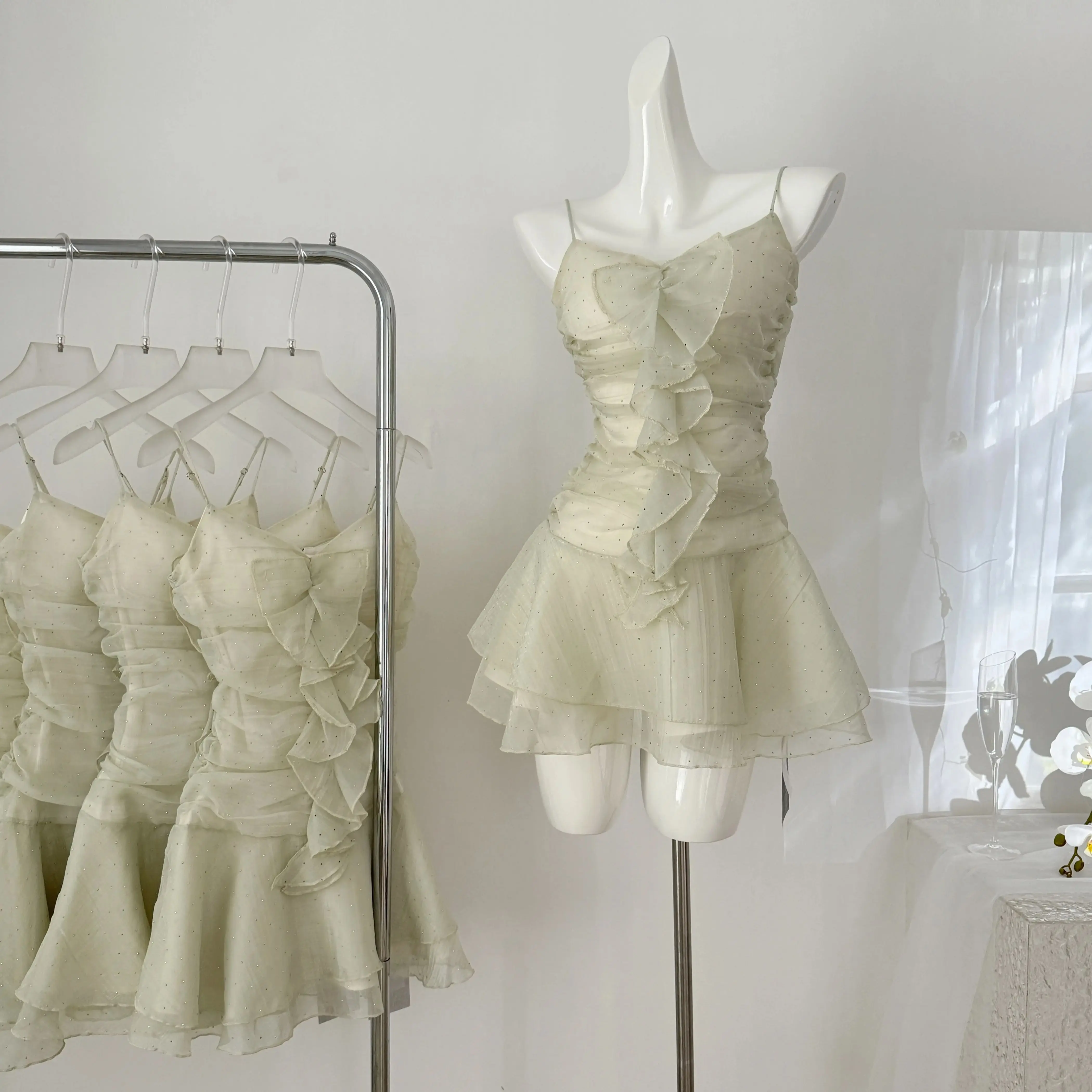 Женское зеленое ТРАПЕЦИЕВИДНОЕ мини-платье Y2k, элегантные сетчатые платья без рукавов с открытыми плечами, одежда в стиле 1920-х годов, Новинка лета 2000