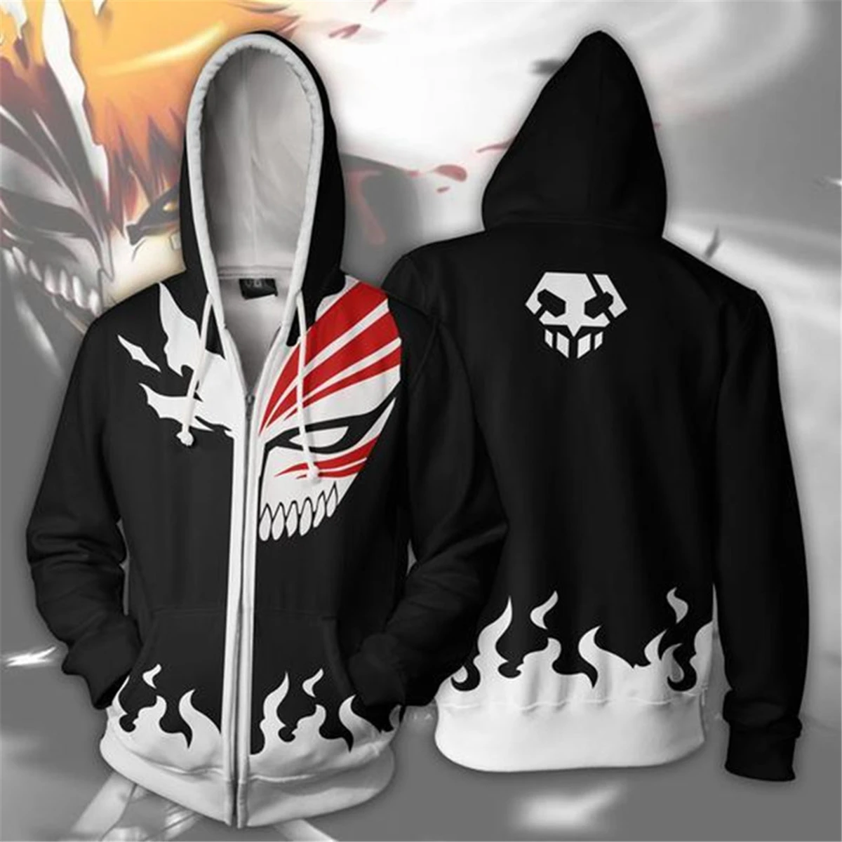 

Adults Men Anime BLEACH Black Bleach Kurosaki Ichigo Mask Zipper Hoodie Sweatshirt Cosplay Costume Hooded Sweater Jacket Coat