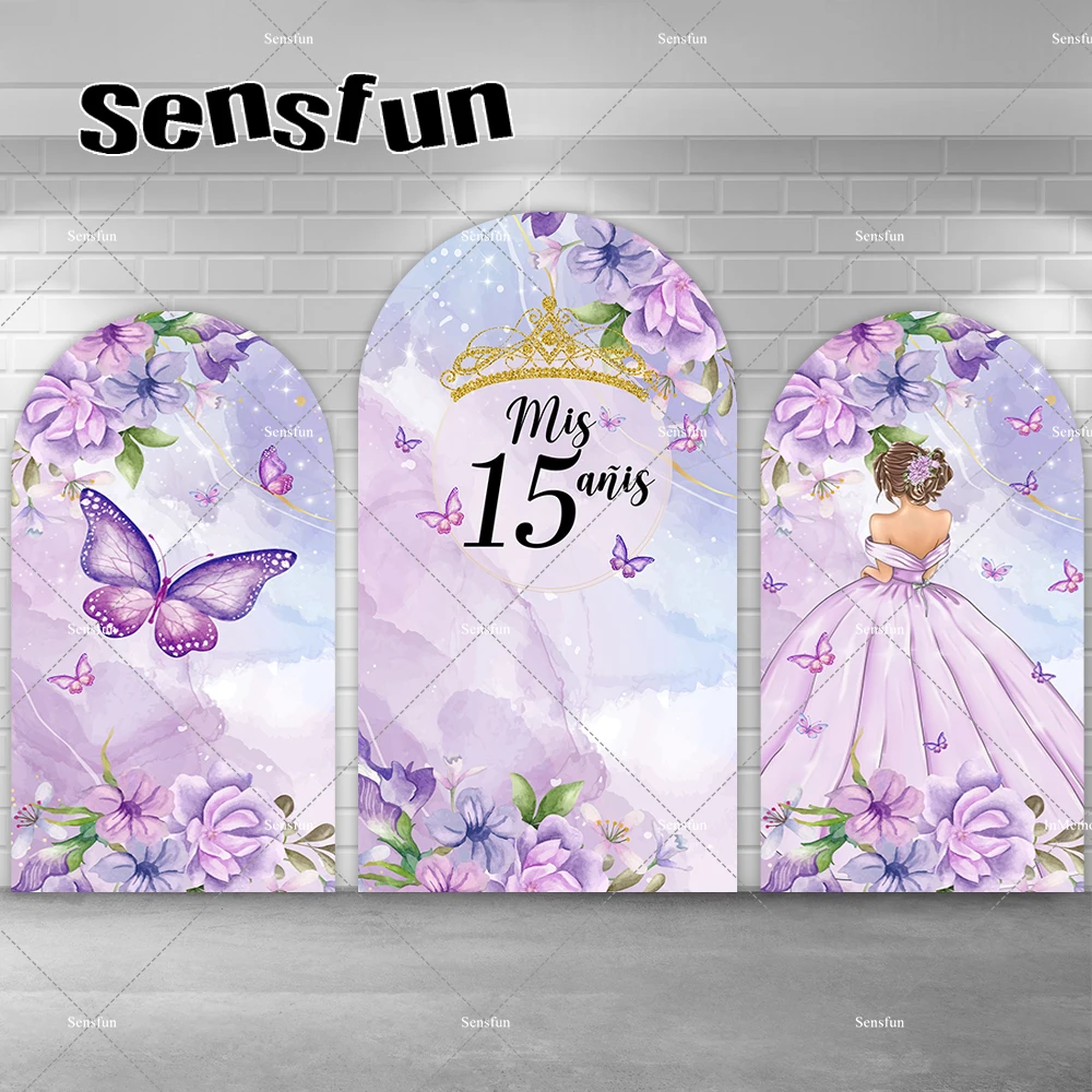 

Quinceanera Dress Girls Sweet 15 Birthday Party Arch Backdrop Purple Foral Butterfly Gold Crown Fairy Chiara Wall Backgrounds