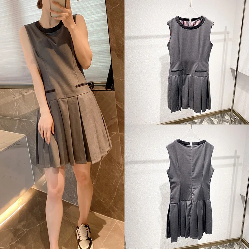 

High quality French Hepburn Small Fragrance Grey Tank Top Dress Women's Summer High Sense Small Design Waist Sleeveless Skirt