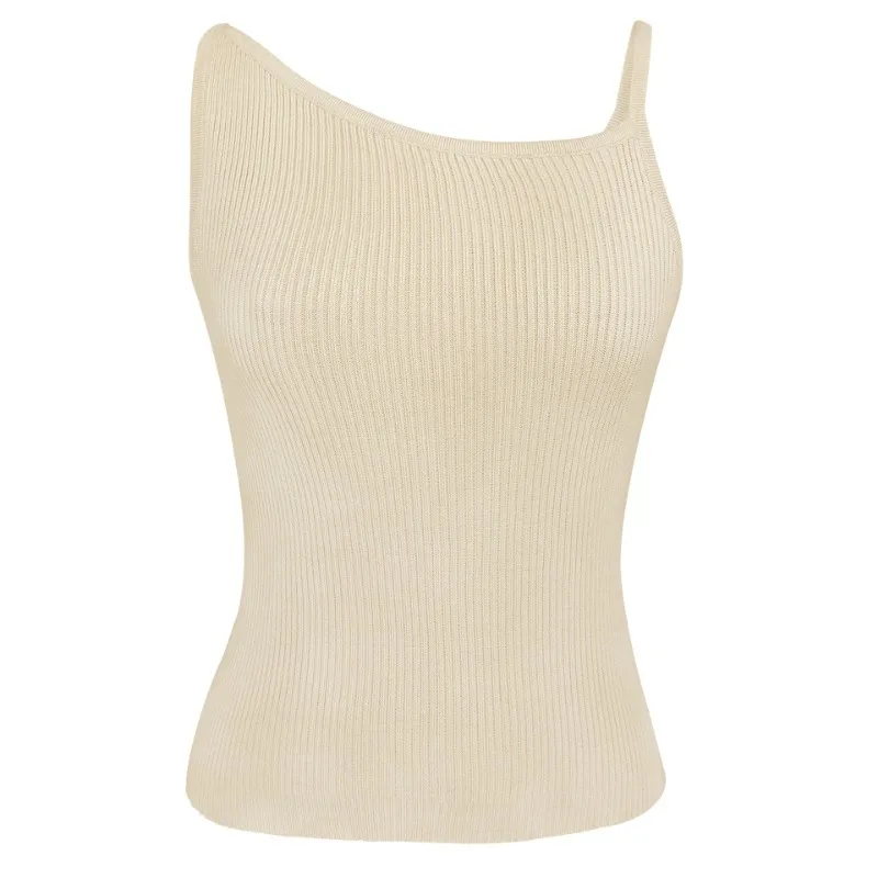 Camiseta negra de moda acanalada para mujer, jersey de espagueti, informal, de retazos, sin mangas, verano 2025, top ajustado para mujer
