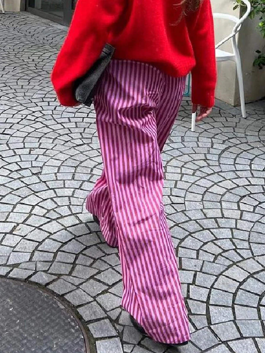 Combhasaki Women's Y2K Retro Vintage Casual Striped/Solid Long Pants Button Elastic High Waist Aesthetic Loose Straight Trousers 2