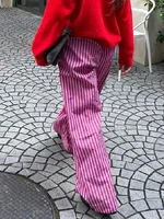 Combhasaki Women's Y2K Retro Vintage Casual Striped/Solid Long Pants Button Elastic High Waist Aesthetic Loose Straight Trousers 2