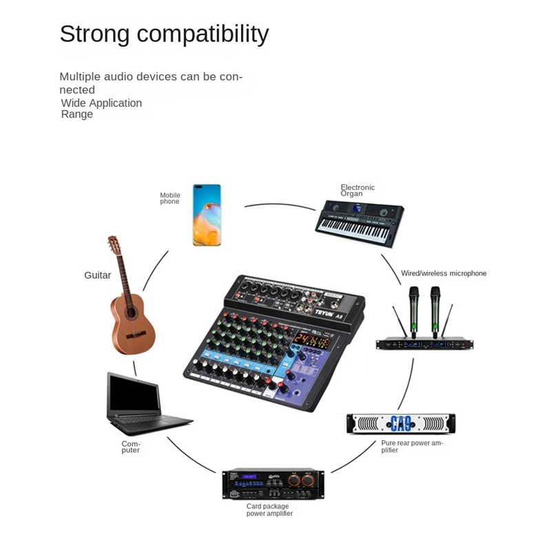 FULL-TEYUN A8 Portable Mixer Sound Card 8-Channel Mixing Console Computer Recording DJ Audio Equipment EU Plug