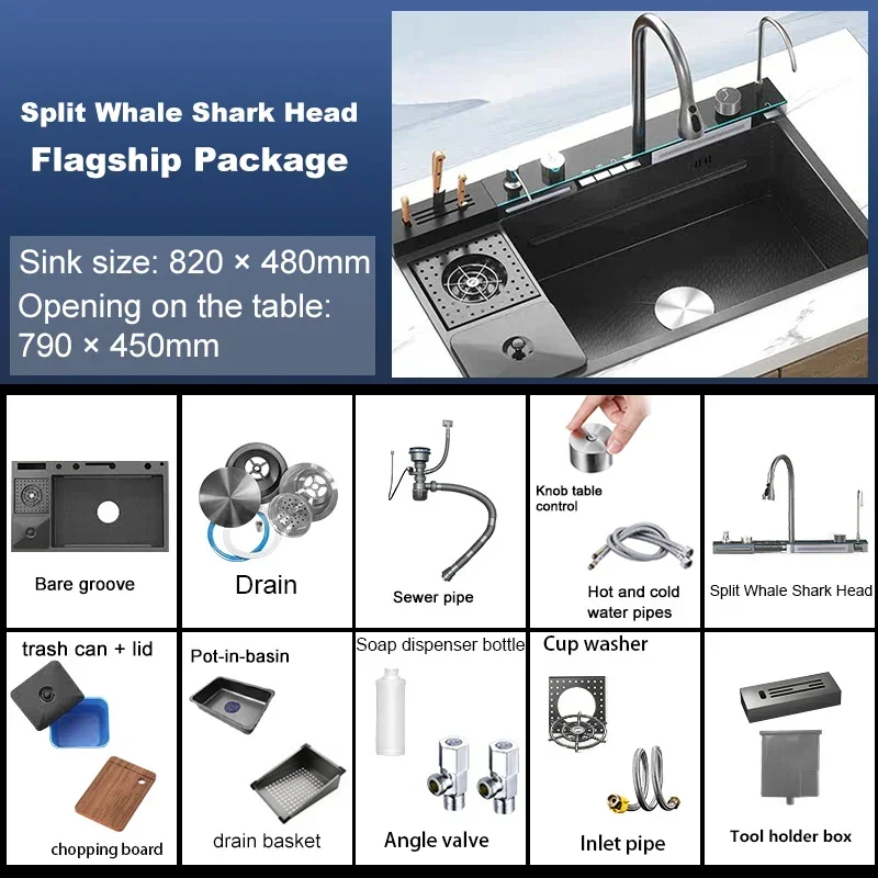 Stainless Steel Sink Waterfall with Trash Can Cup Wash Kitchen Apartment Countertop Wash Basin Large Single Sink