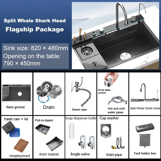 อ่างล้างจานสแตนเลสน้ําตกพร้อมถังขยะถ้วยล้างห้องครัวเคาน์เตอร์อ่างล้างหน้าขนาดใหญ่อ่างล้างจานเดี่ยว 6