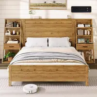 Farmhouse Style King Bed with Wide Headboard, 4-Tier Shelves, Charging Station, 2 Drawers, No Box Spring Required, Natural Oak F 6