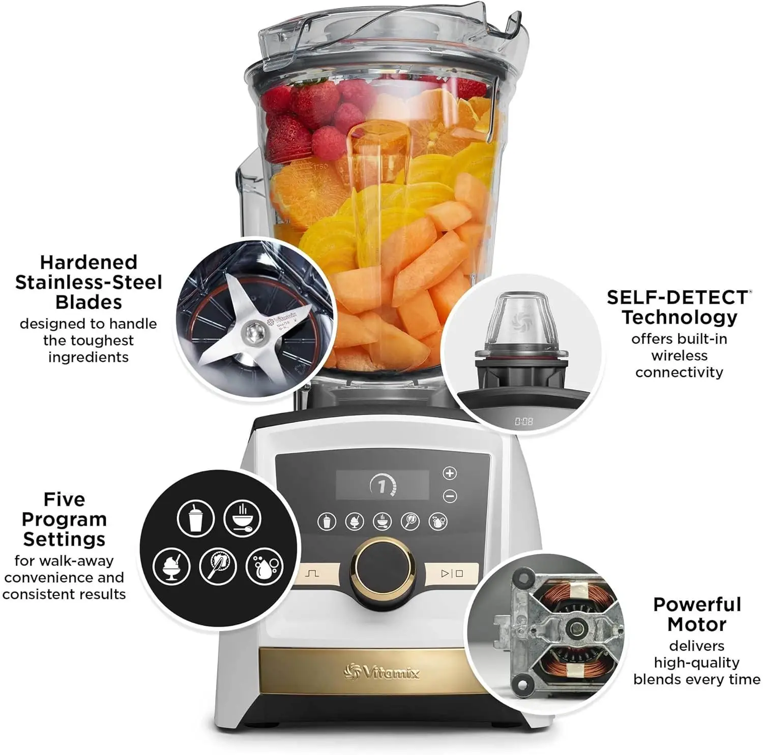 A3500 Ascent Series Gold Label Smart Blender Professional-Grade 64 oz. Low-Profile Container White with Gold Accents 5