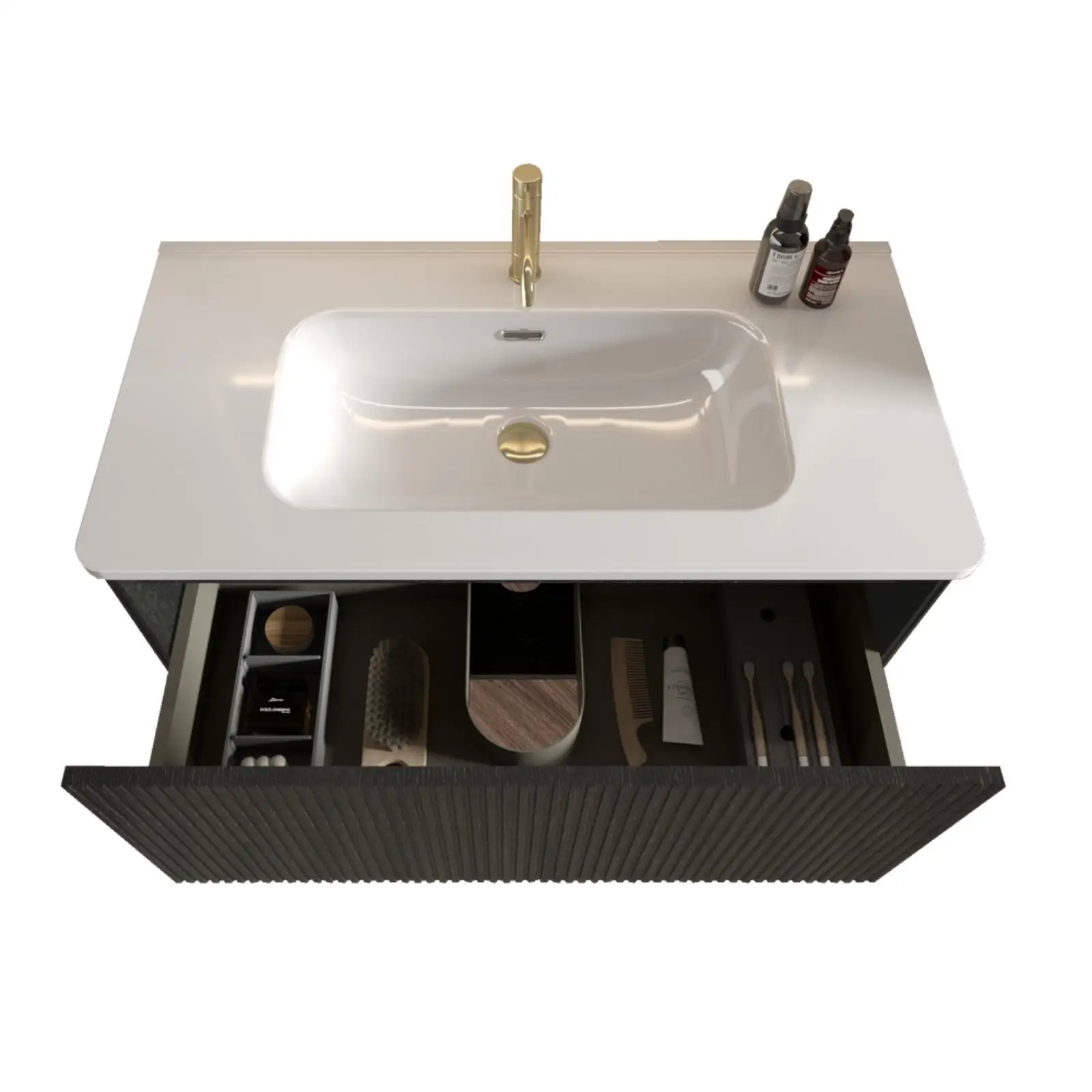 Brushed Black Oak Bathroom Vanity 36 Inch Floating Design White Ceramic Sink Included Luxury Sink Cabinet for Bathroom Remodel