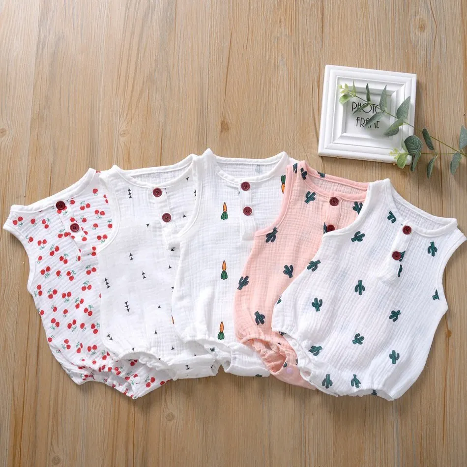 Baby Bodysuits expensive Summer Newborn Unisex Baby Clothes Sleeveless Infant Kids Bodysuit Boy Girl Cactus Cherry Print Jumpsuit Clothing for 0-24 Month bright baby bodysuits	