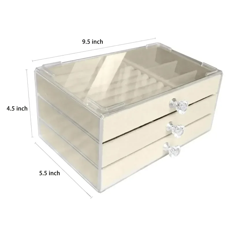 Home Desktop Three-Drawer Acrylic Velvet Jewelry Organizer, Suitable for Earrings, Necklaces, and Bracelets