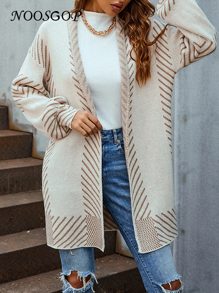 

NOOSGOP Beige White 2022 Autumn Winter Knee Length Woolen Women Open Long Cardigan Sweater Incline Strips Pattern Knit Clothing