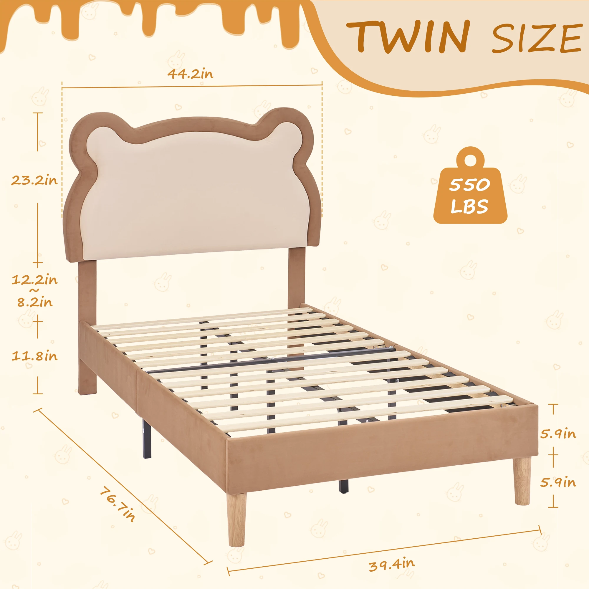 VECELO Twin Kids Upholstered Bed Frame with LED Cute Bear Ear Platform Bed with Adjustable Headboard No Box Spring Need 5