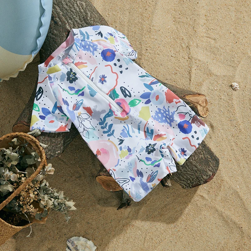 Kids Swimsuits MISOWMNJOY Summer Girls Boys Swimwears Fashion New Baby Swimsuit Beachwear Watercolour Print Zipper Short Sleeve Bathing Suit