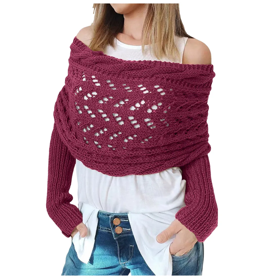 Elegant Knitted Shawl Sweater Scarf with Sleeves