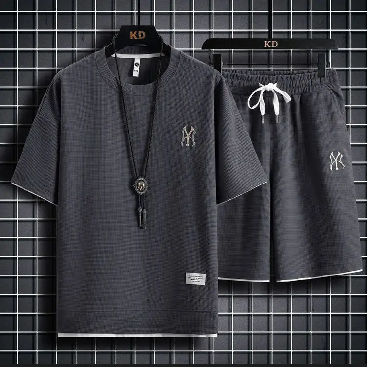 Men's New Summer Waffle Lounge Suit Crewneck Short Sleeve T-Shirt Shorts Fashion Trend Sports Fitness Jogging Suit