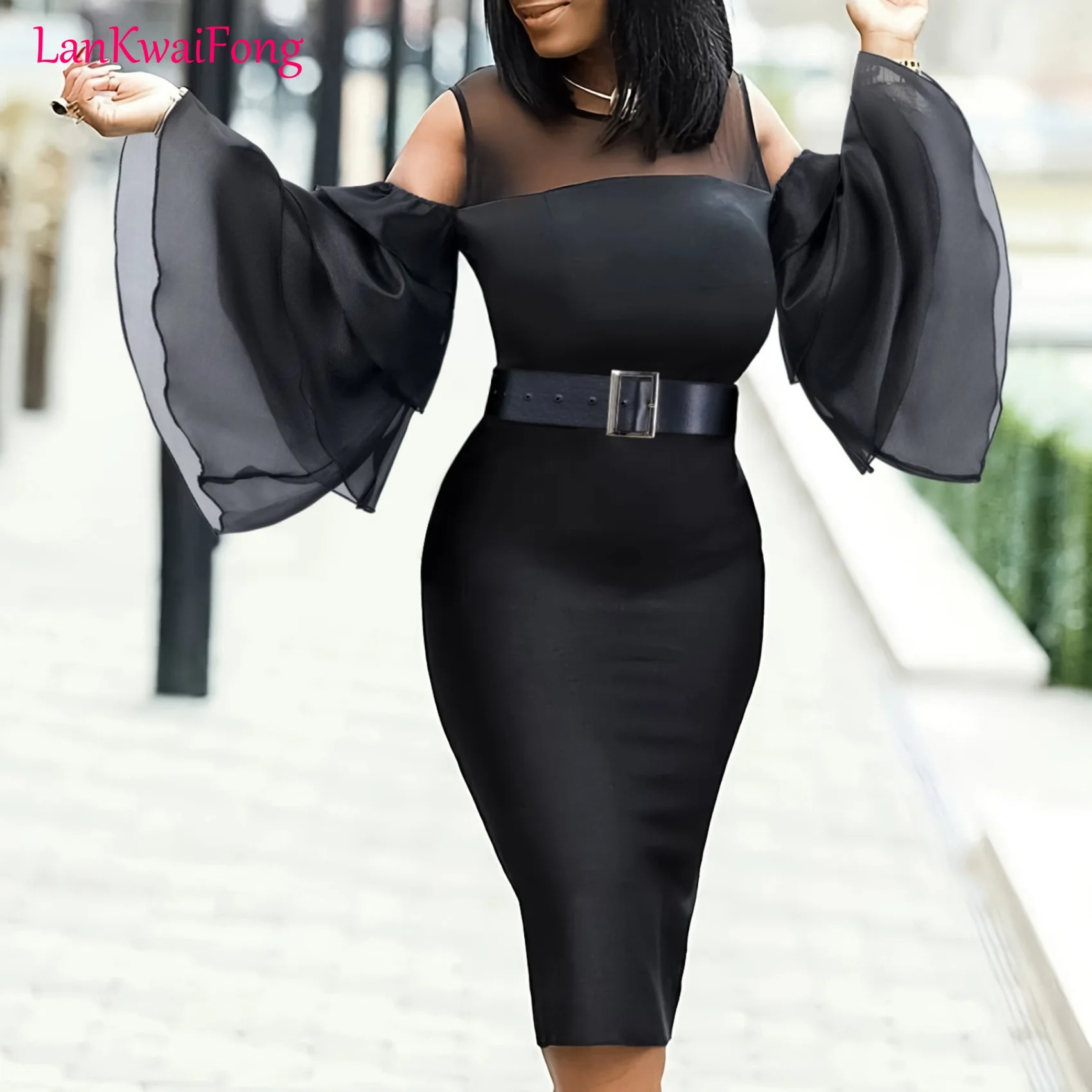 

Весеннее Сексуальное Женское Платье LKF для отдыха, новинка 2024, однотонное Сетчатое приталенное платье с ремнем, яркое черное платье