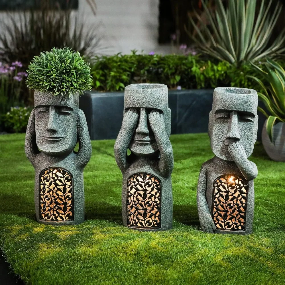 

Garden Art with Planter, Set of 3 See, Hear,Speak No Evil Easter Island Garden Solar Statues, Outdoor Sculpture with Solar Light
