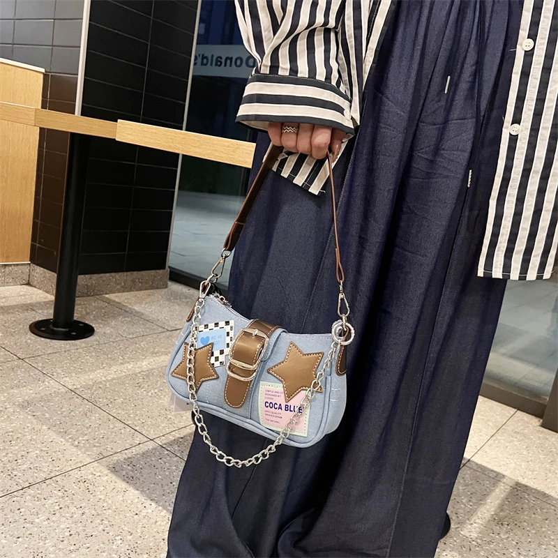 

2024 New Fashion Korean Vintage Denim Shoulder Bag Y2k Star Patchwork Chain Women Baguette Bag Hottie Streetwear Trendy Handbags