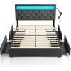 Queen Size Bed Frame with Charging Station and LED Lights, Upholstered Bed with Adjustable Headboard and 4 Storage Drawers 2