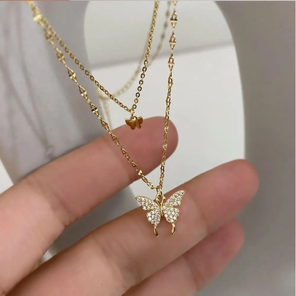 Double Layer Shiny Butterfly Necklace Exquisite Classic Small Pendant Necklace Jewelry Light Luxury Clavicle Chain Ladies Gift 1