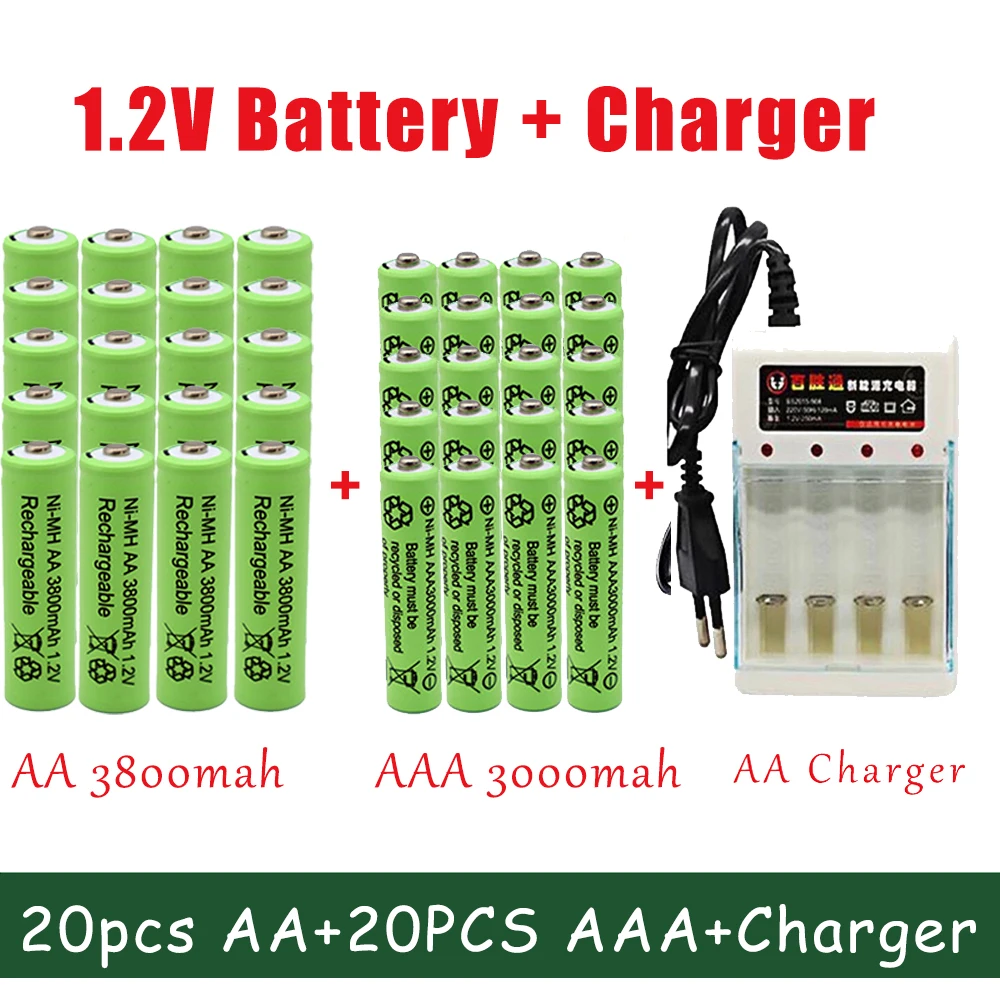 

NEW 1.2V AA 3800mah Ni-mh Rechargeable Batteries with Charger AAA 3000Mah Battery for Clocks Mice Computers Toys Torch Batterie