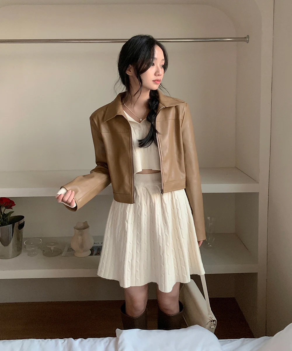 Korean Fashion Two-piece Set Women Pullover Turn-down Collar Crop Top Mini Skirt Solid Casual Suit Autumn New Knitwear Outfits