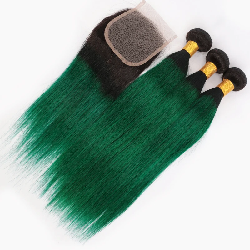 Peruvian Straight Human Hair Bundles With Closure Ombre T1B/Green Remy Hair Bundles 3/4 Pcs Bundles With 4x4 Lace Closure