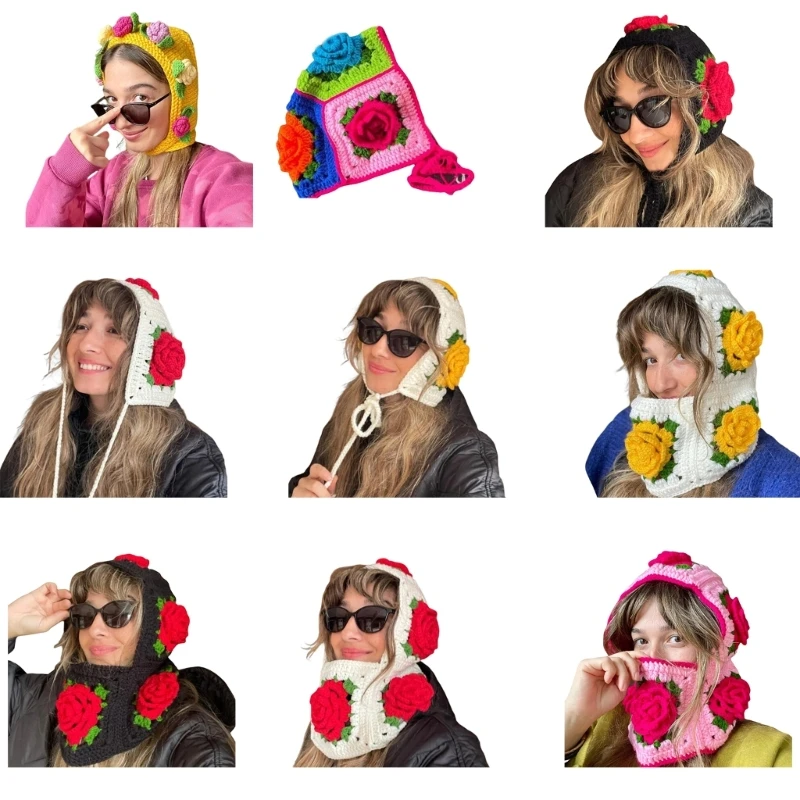 

Hooded Hat Scarf Crochet Flower Balaclava Floral Beanie Cap Women Hooded Beanie Hooded Beanie Hat Knit Earflap For Girl